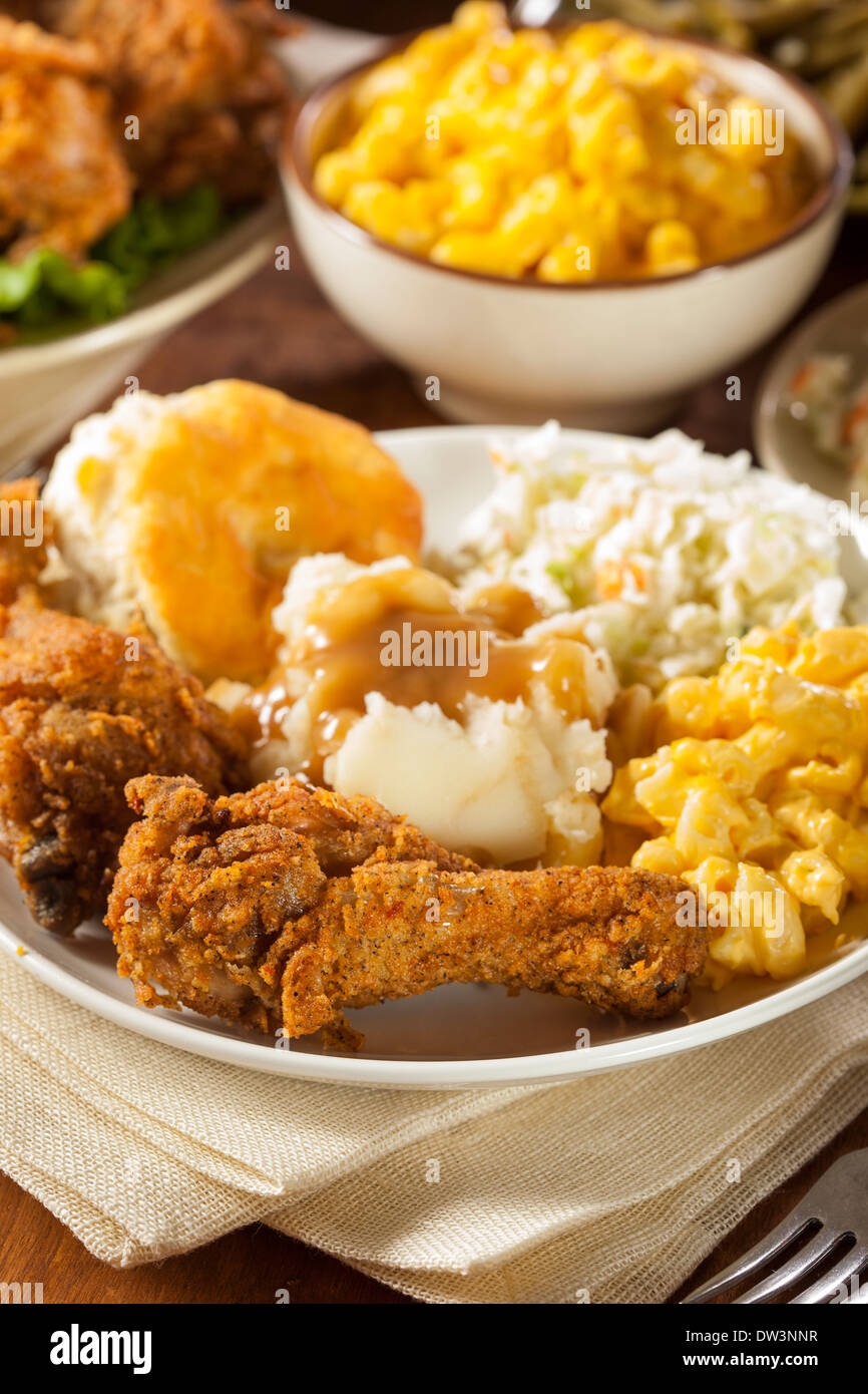 Homemade Southern Fried Chicken With Biscuits And Mashed Potatoes Stock Photo Alamy