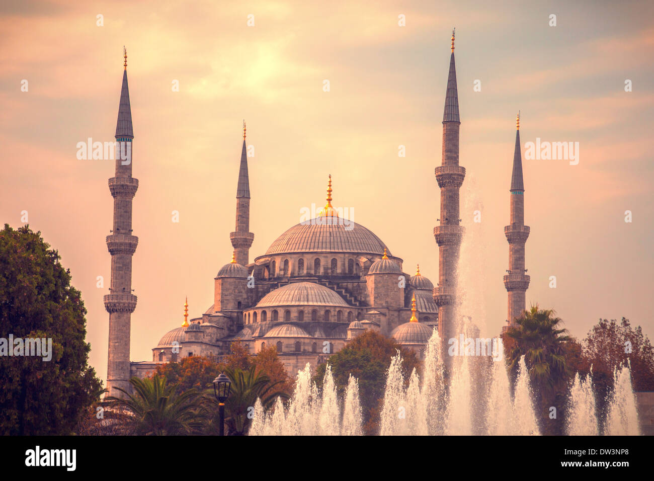 Blue mosque in Istanbul Turkey with water fountain in fore ground Stock Photo