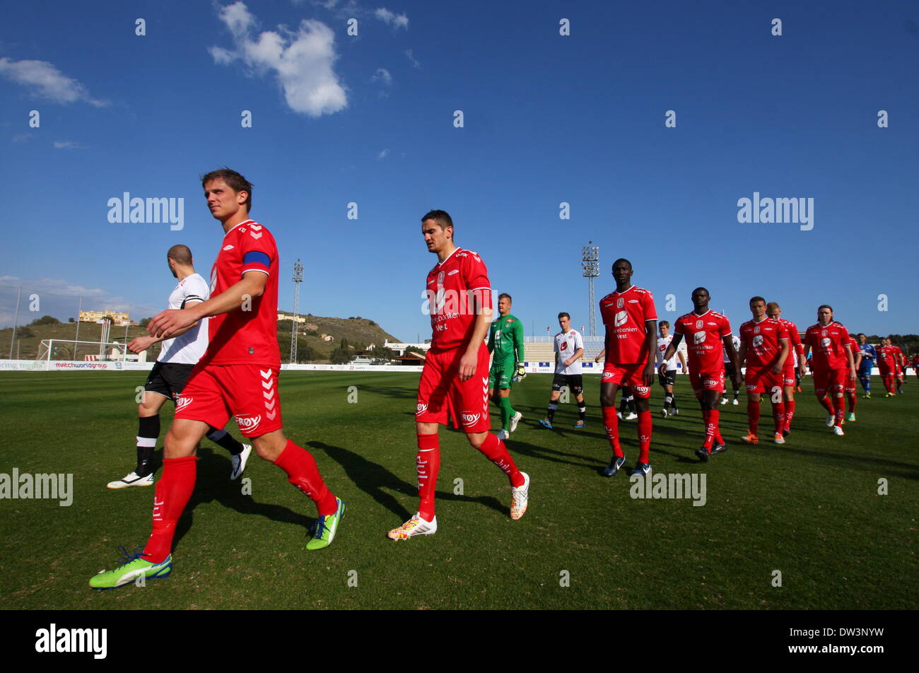 La Manga, Spain. 26th February 2014. 26 February 2014. La Manga Cup - Sogndal v Brann at la Manga Club, Spain. Norway Pre-Season Friendly Tournament.   Brann march out in the sunshine  Photo by Tony Henshaw / La Manga Photos/Alamy Live News Stock Photo