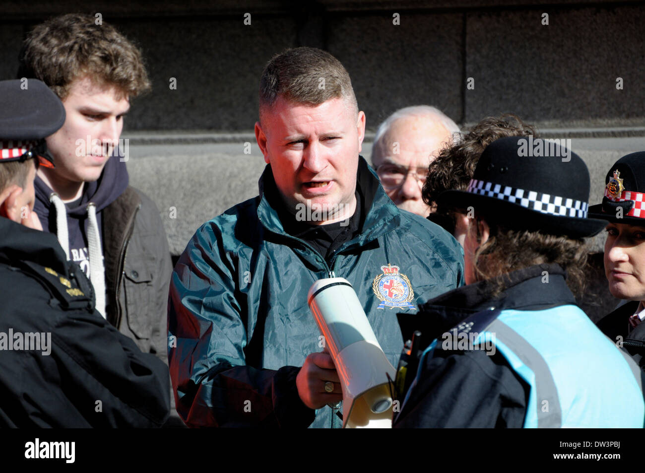 Paul Golding, chairman of 'Britain First' at the Lee Rigby Murder Trial Sentencing - Old Bailey 26 Feb 2014. Right-wing groups campaigning for re-introduction of the death penalty and against the 'Islamification of Britain' as the sentence is given in the court. Stock Photo