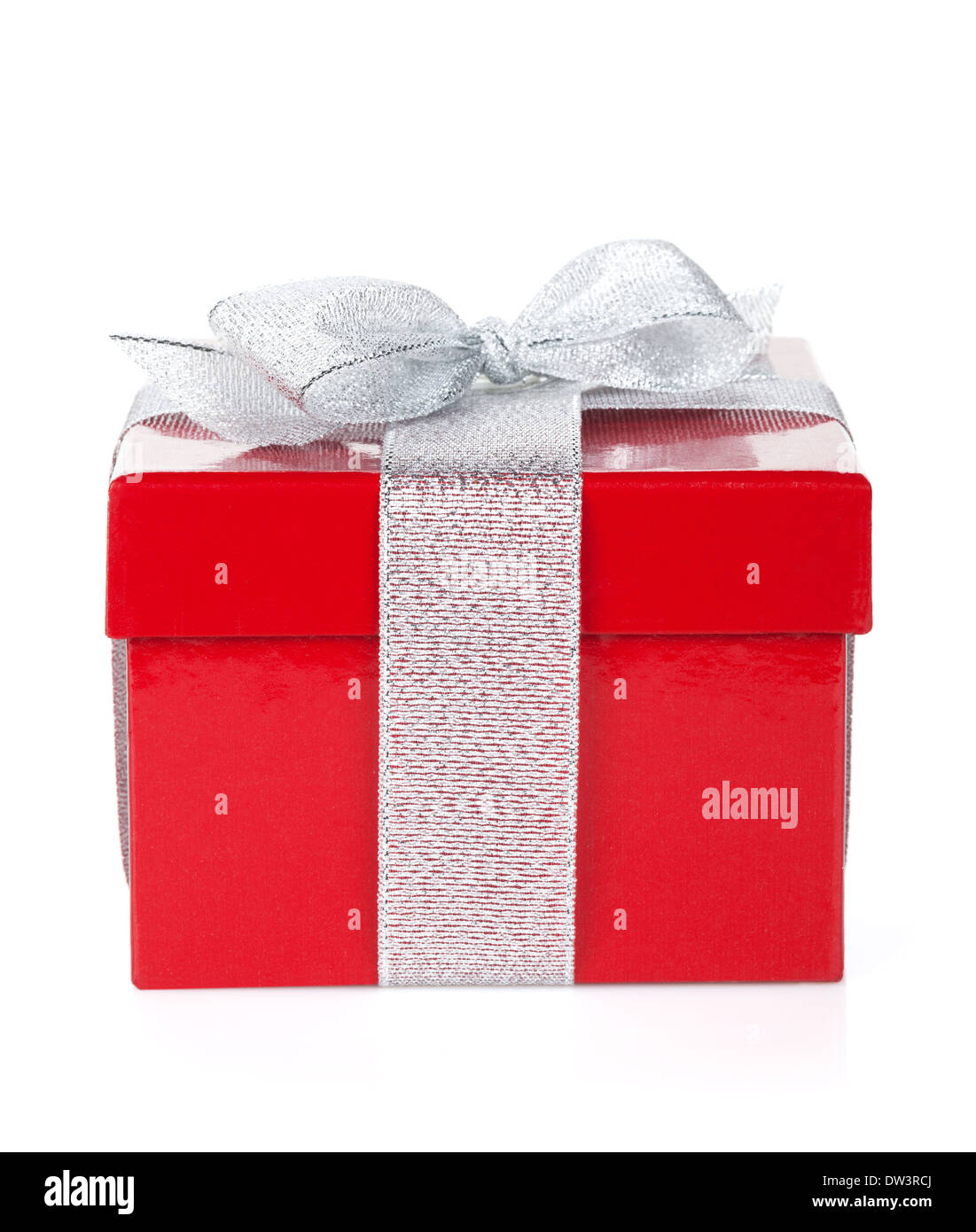 Red gift box with silver ribbon. Isolated on white background Stock ...