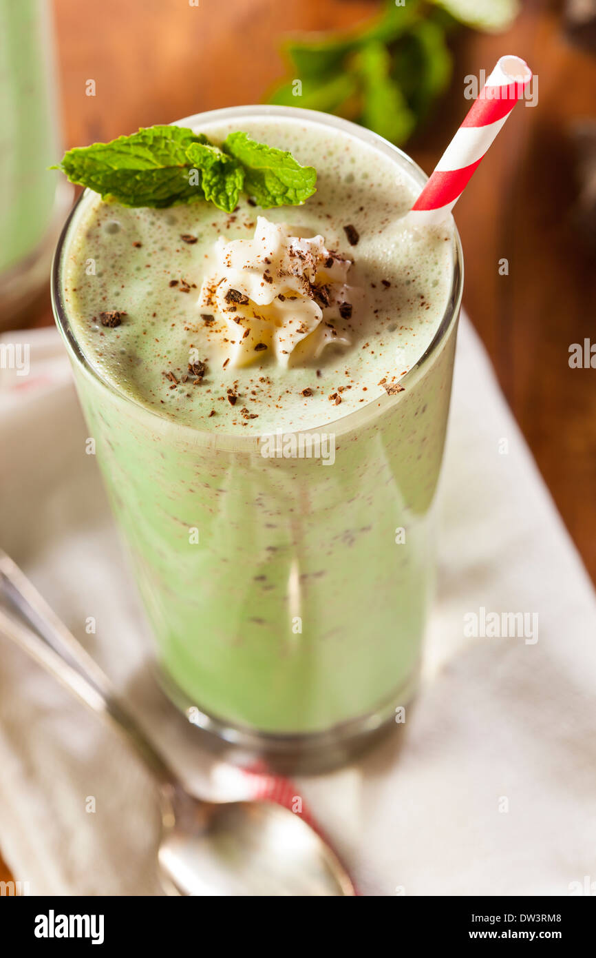 Cold Refreshing Mint Chocolate Chip MilkShake with a Straw Stock Photo Alamy