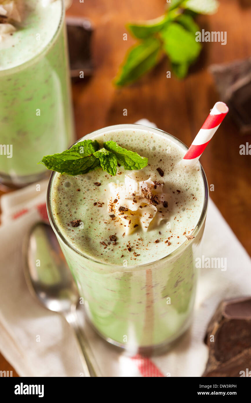 Cold Refreshing Mint Chocolate Chip MilkShake with a Straw Stock Photo Alamy
