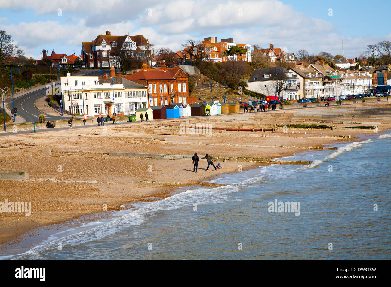 Sandy beach and historic buildings on the seafront on a sunny day in winter at Felixstowe, Suffolk, England Stock Photo