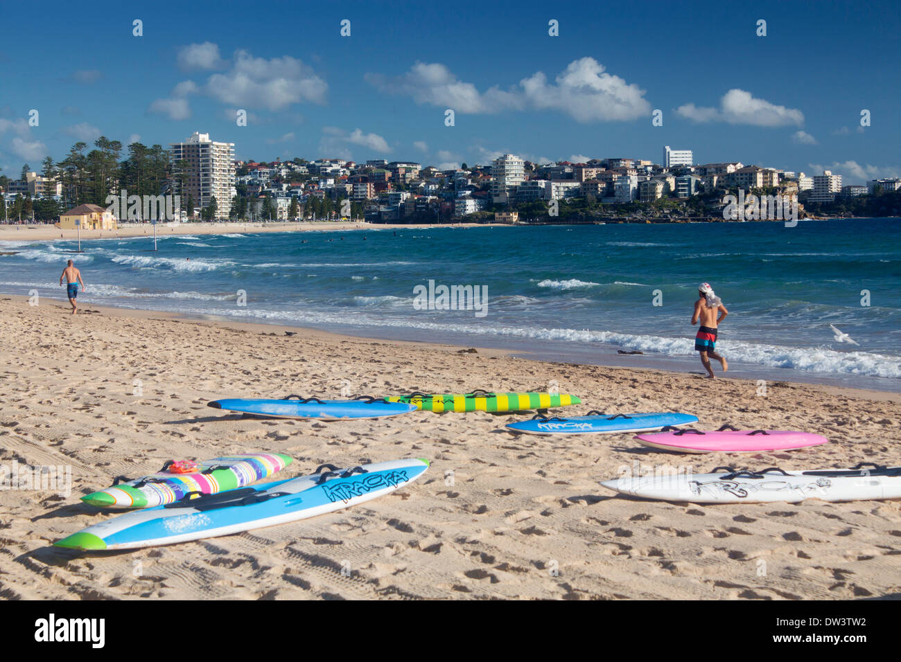Manly North Steyne Beach with surfboards in foreground Northern Beaches Sydney New South Wales NSW Australia Stock Photo