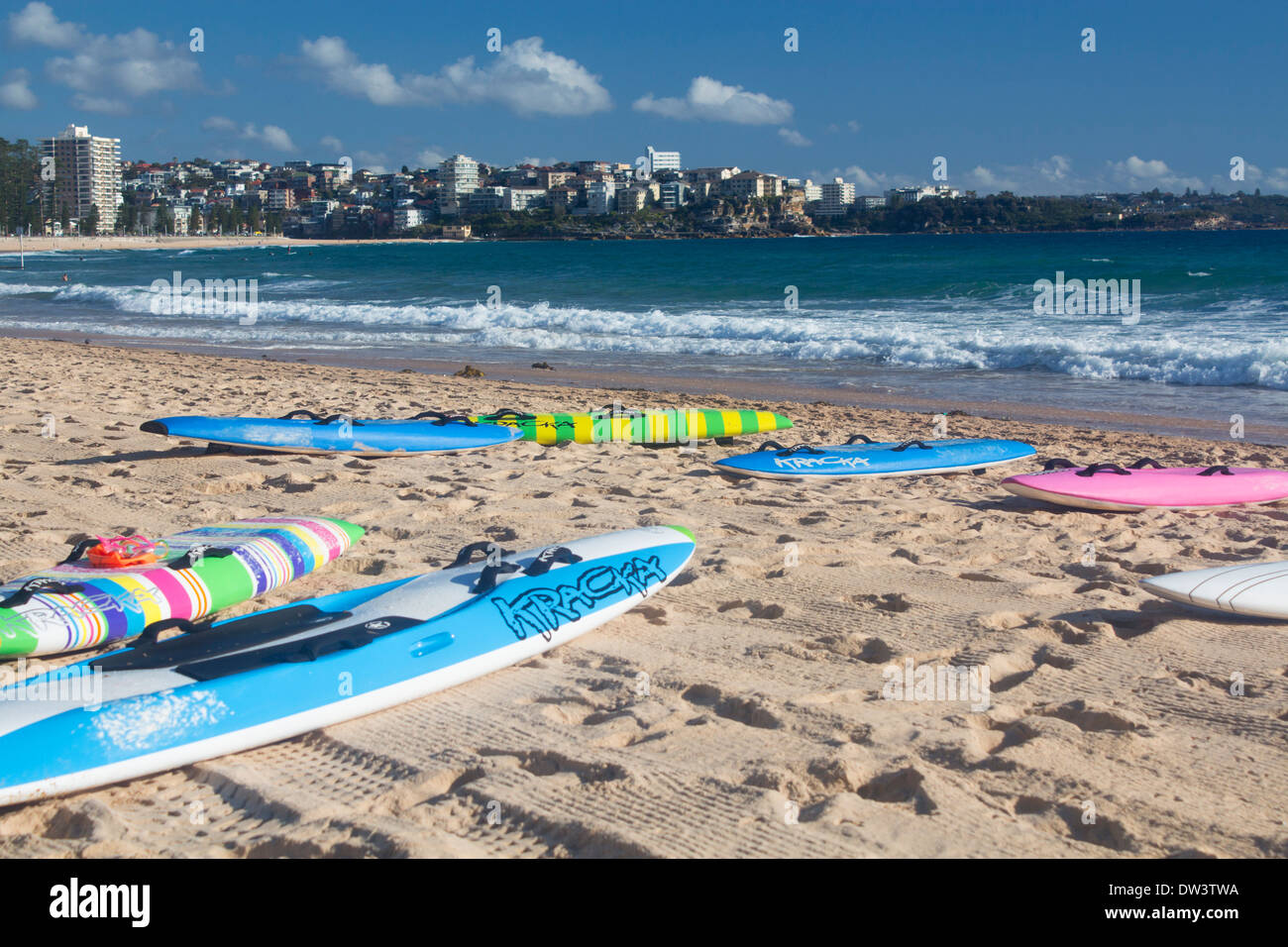 Manly North Steyne Beach with surfboards in foreground Northern Beaches Sydney New South Wales NSW Australia Stock Photo