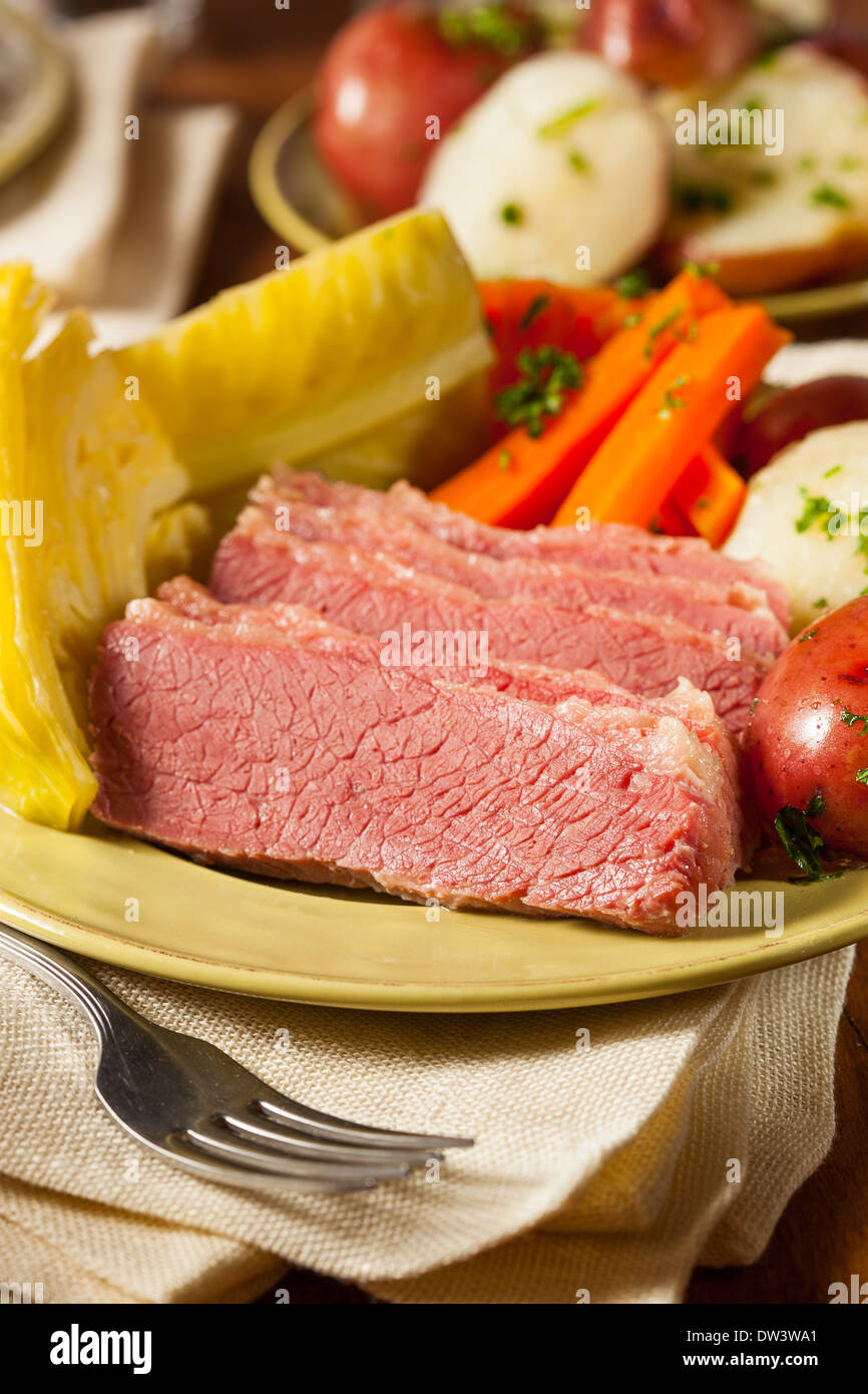 Homemade Corned Beef and Cabbage with Potatoes and Carrots Stock Photo