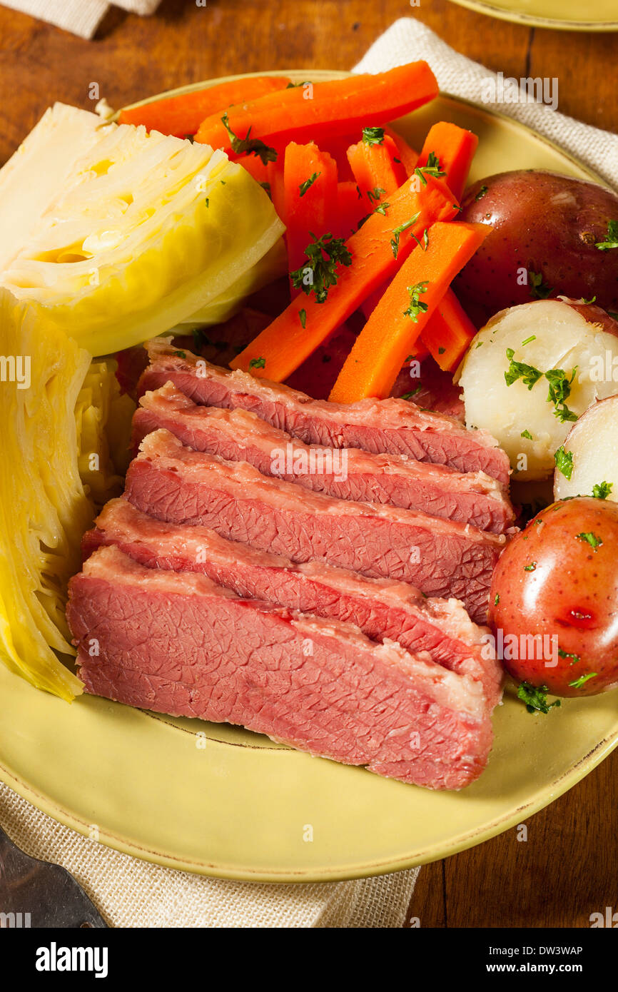 Homemade Corned Beef and Cabbage with Potatoes and Carrots Stock Photo