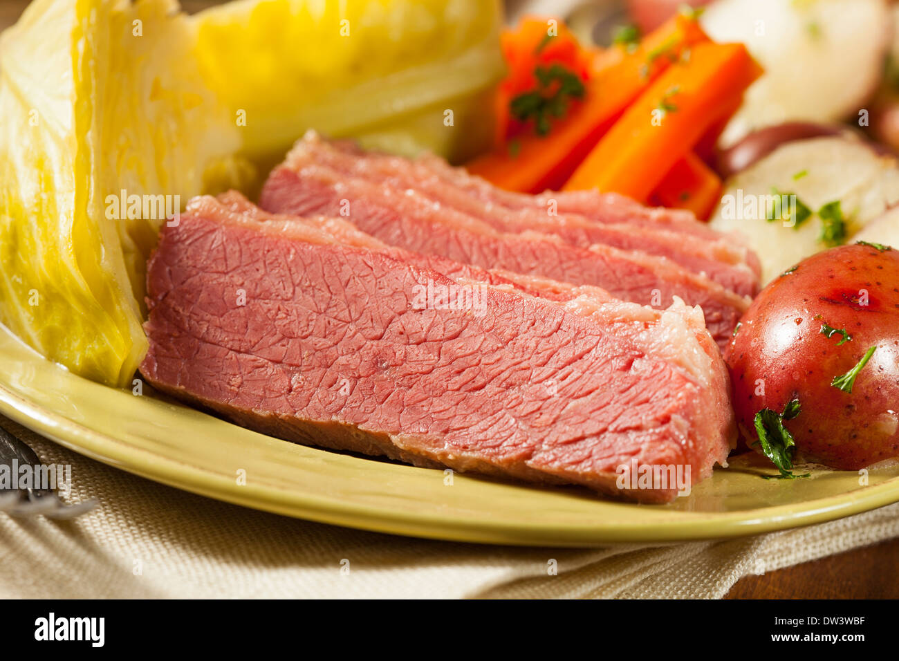 Homemade Corned Beef and Cabbage with Potatoes and Carrots Stock Photo