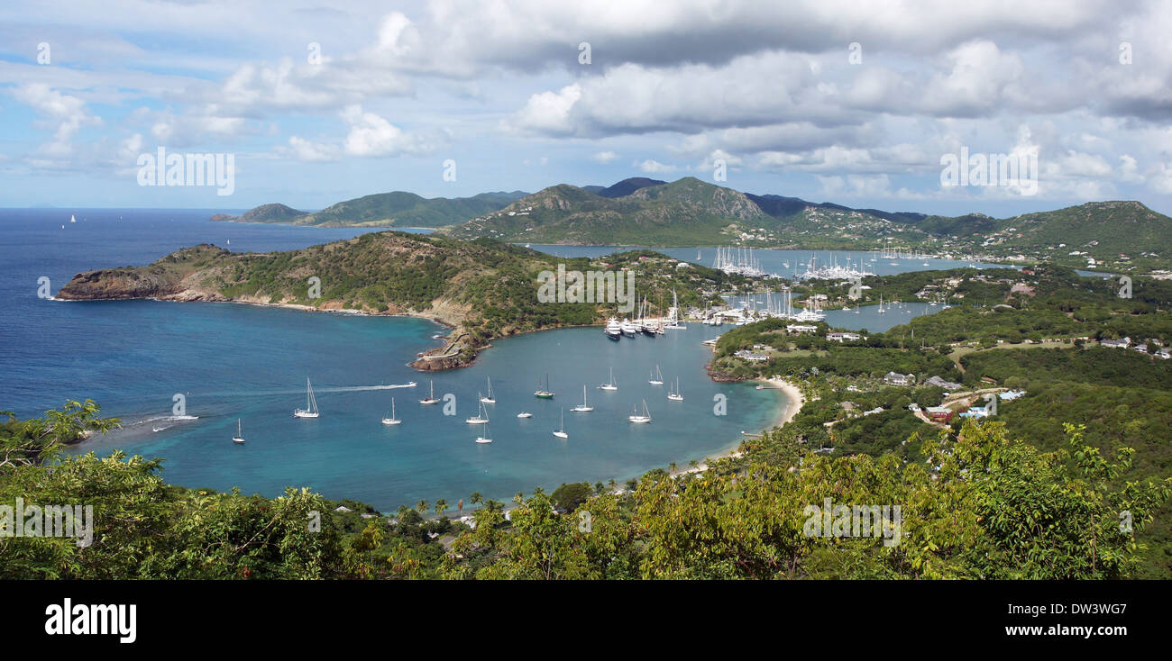 Panorama view over English Harbour and Nelsons Dockyard, Antigua and Barbuda, Caribbean Stock Photo