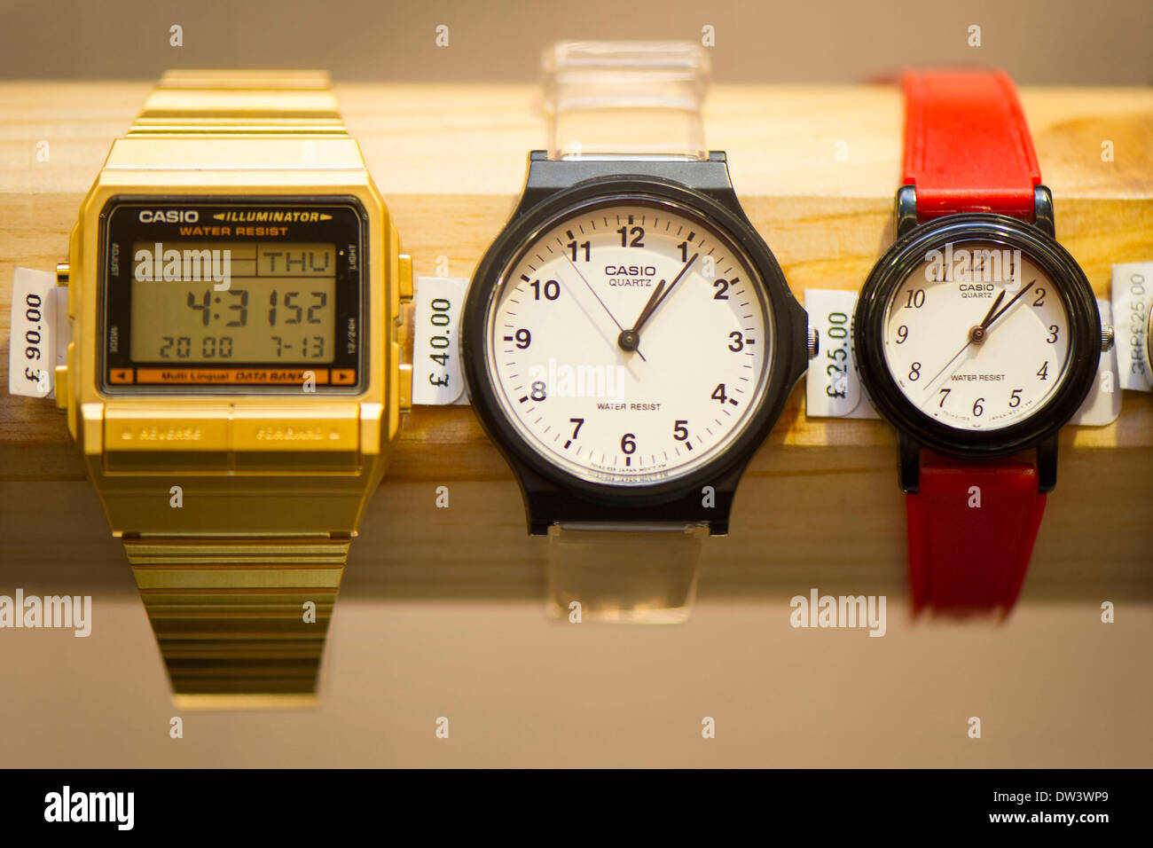 Selection of watches on sale in a shop. Stock Photo