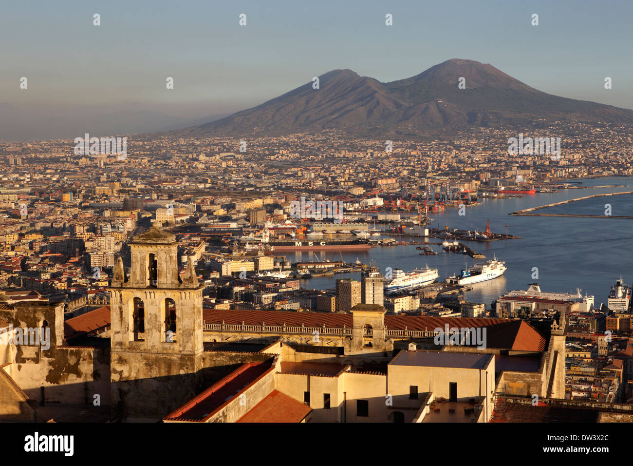 View of the Gulf of Naples and Mount Vesuvius in the distance, Naples, Italy Stock Photo