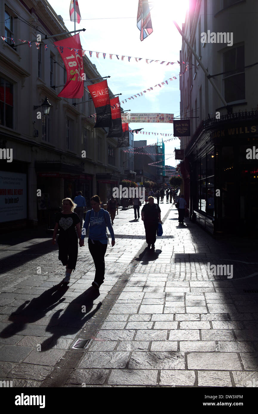 High Street on King Street, St Helier, Jersey showing signs of poor economic growth with for sale signs, empty shops and low footfall. Stock Photo