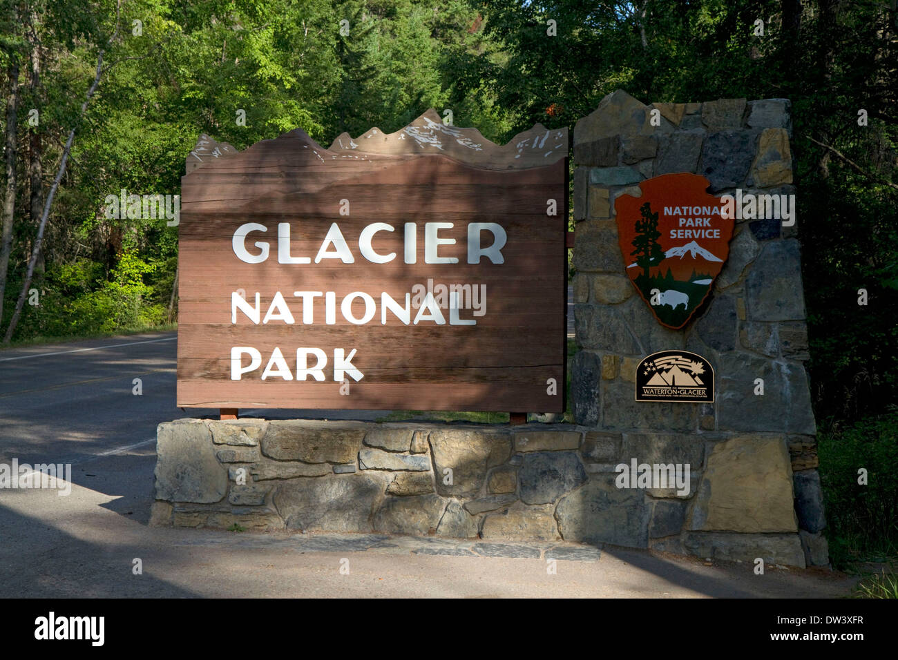 Glacier National Park entrance sign, Montana, USA. Stock Photo