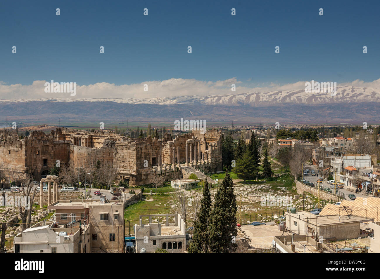 Roman ruins of Baalbek or Baalbeck, Lebanon, in the middle of the modern Muslim town in the Beqaa Valley. Stock Photo