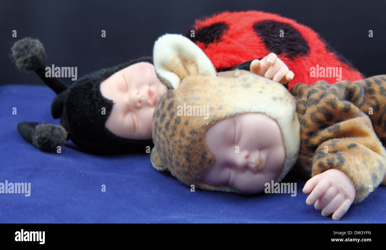STUFFED ANIMAL LADYBUG,TIGER WITH HUMAN BABY FACES Stock Photo