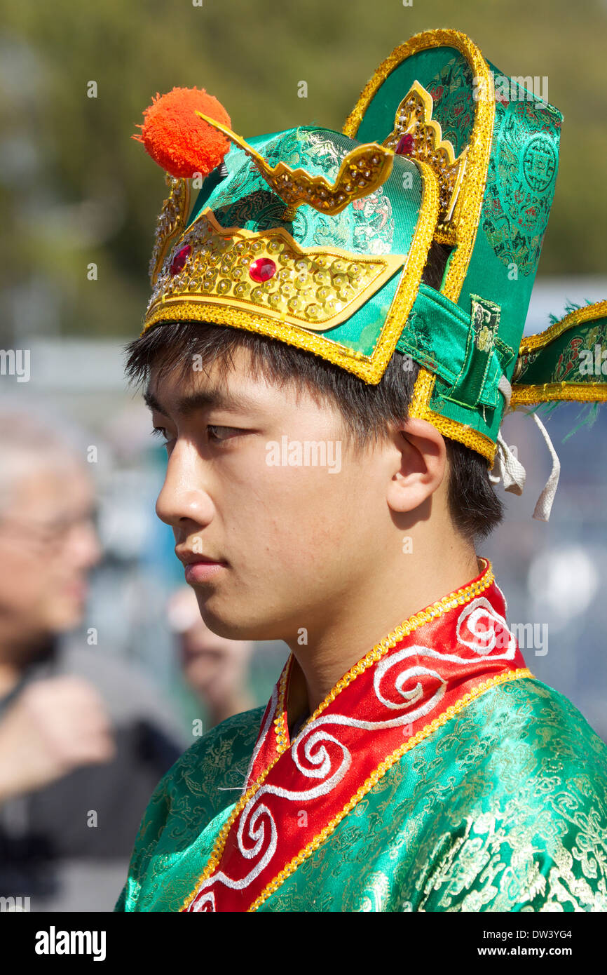 Vietnamese men in traditional costume and dress celebrate the Lunar new year at the Tet Festival in Costa Mesa California Stock Photo