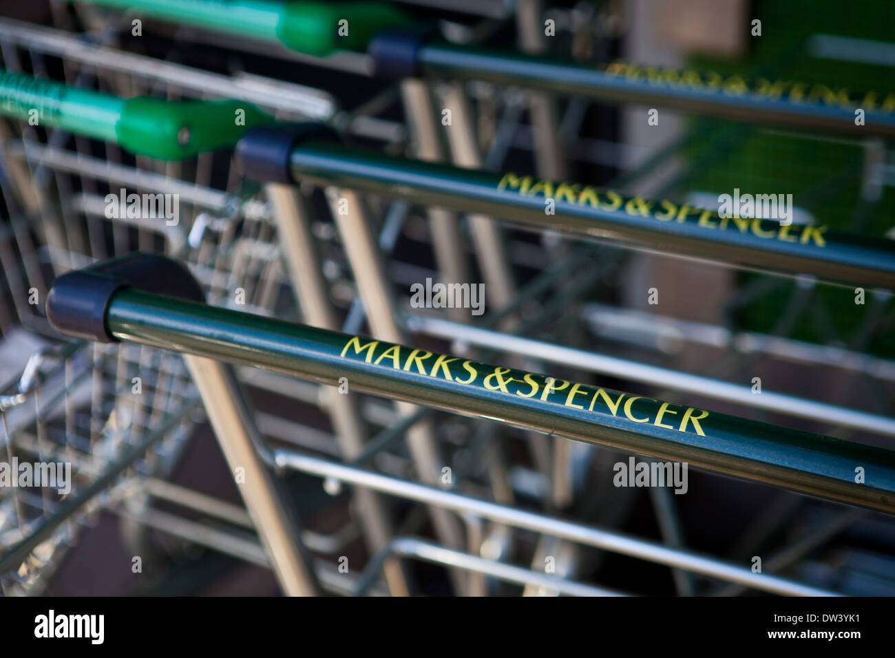 Marks and Spencer shopping trolleys in a line Stock Photo