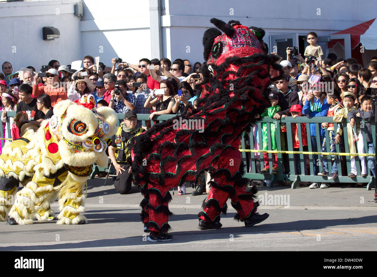 Traditional Vietnamese Lion dance performed at a Tet festival (lunar new year)  California supposedly to ward off evil spirits Stock Photo