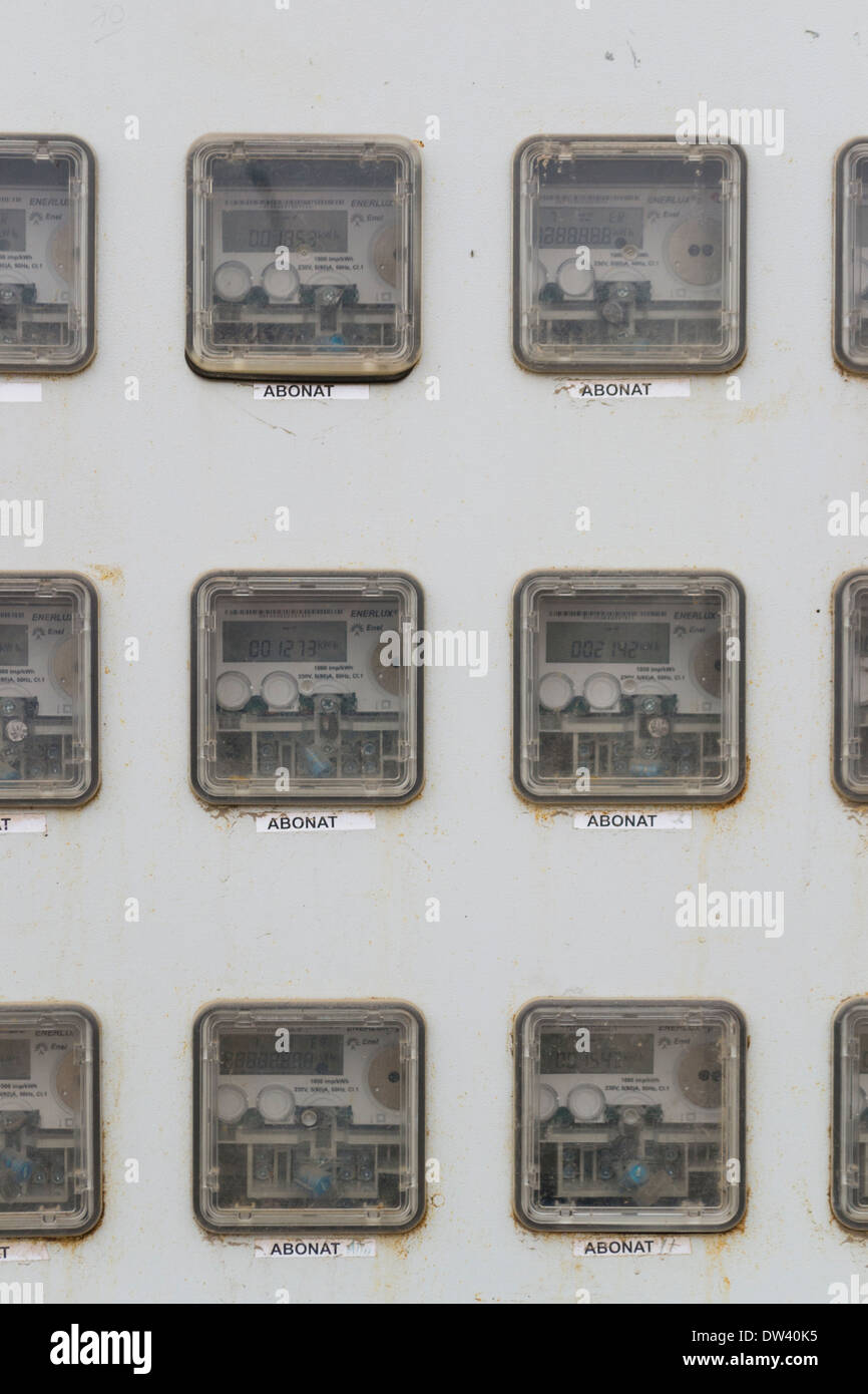 Electricity meters and breakers Stock Photo