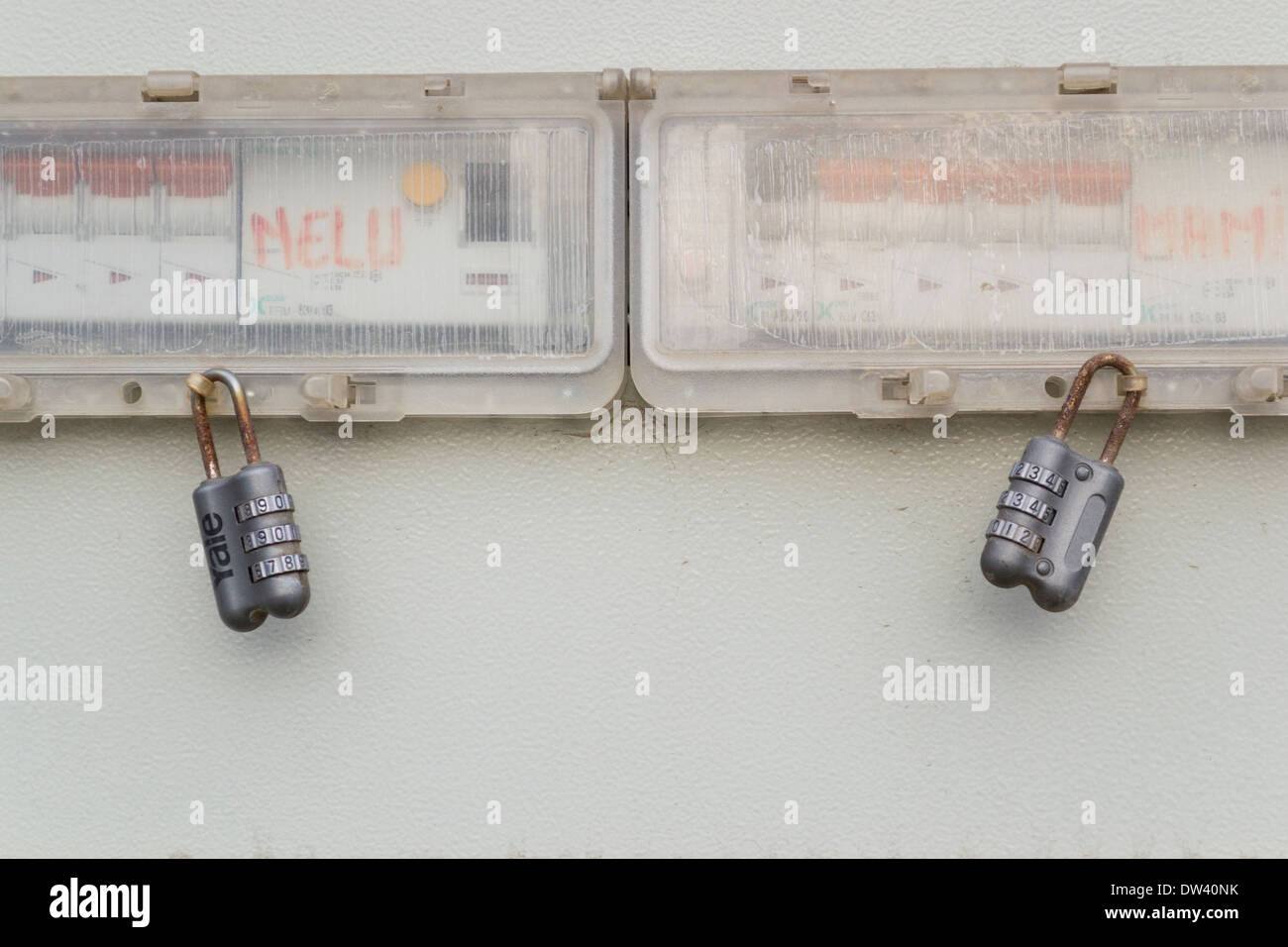 Electricity meters and breakers Stock Photo