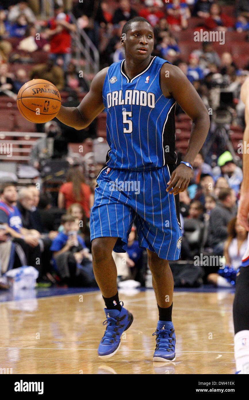 Philadelphia, Pennsylvania, USA. 26th Feb, 2014. Orlando Magic shooting guard Victor Oladipo (5) in action during the NBA game between the Orlando Magic and the Philadelphia 76ers at the Wells Fargo Center in Philadelphia, Pennsylvania. Christopher Szagola/Cal Sport Media/Alamy Live News Stock Photo
