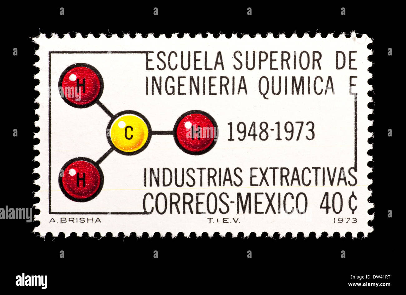 Postage stamp from Mexico depicting an unsaturated carbon atom (for the Mexican chemistry industry) Stock Photo