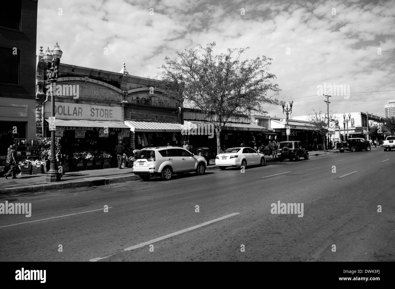 Black & White Image of shops on S El Paso St, El Paso, Texas Stock