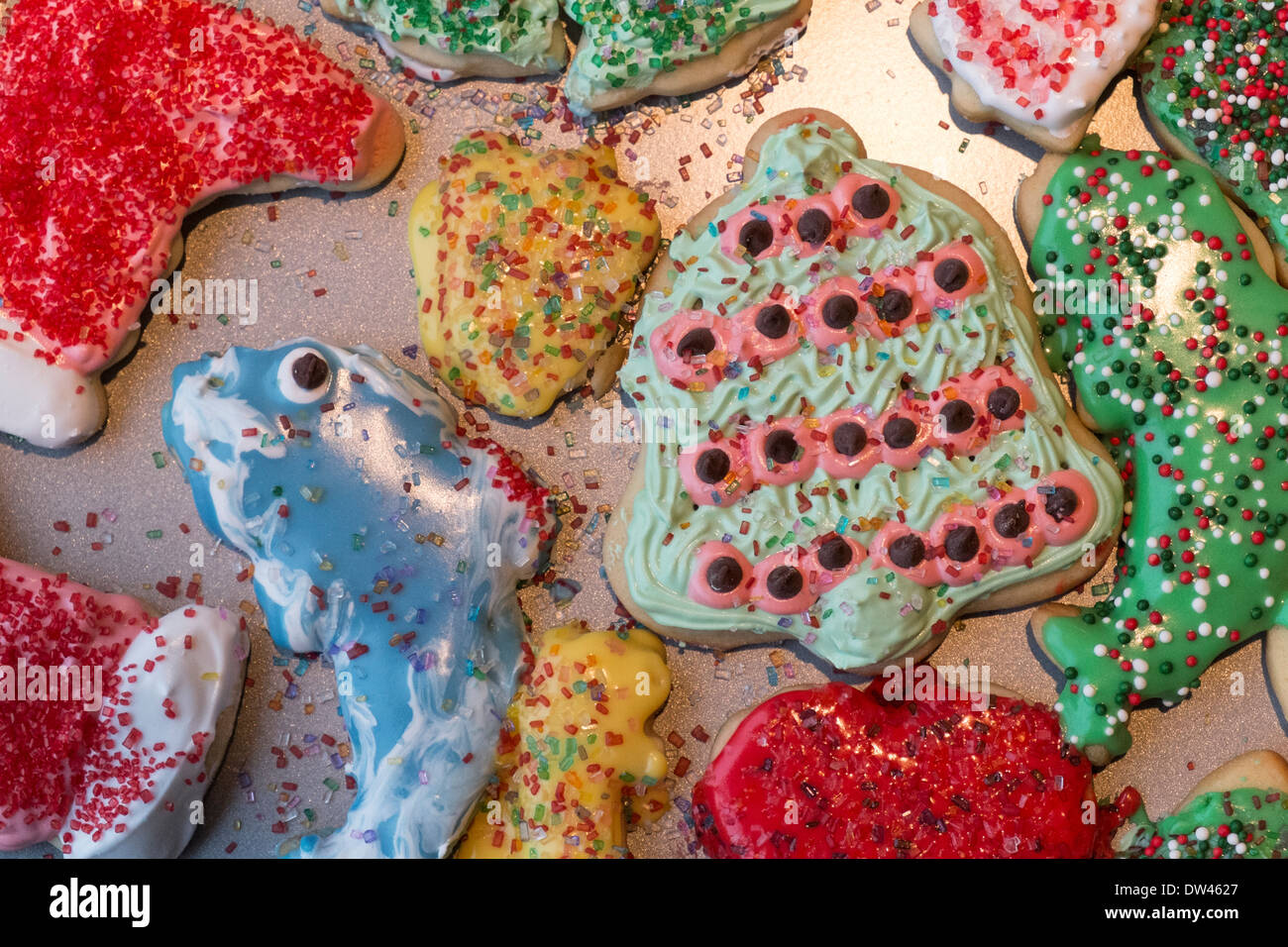 Overhead shot of a group of items for baking Christmas Cookies surrounding  an empty cookie sheet. Horizontal format on a rustic Stock Photo - Alamy