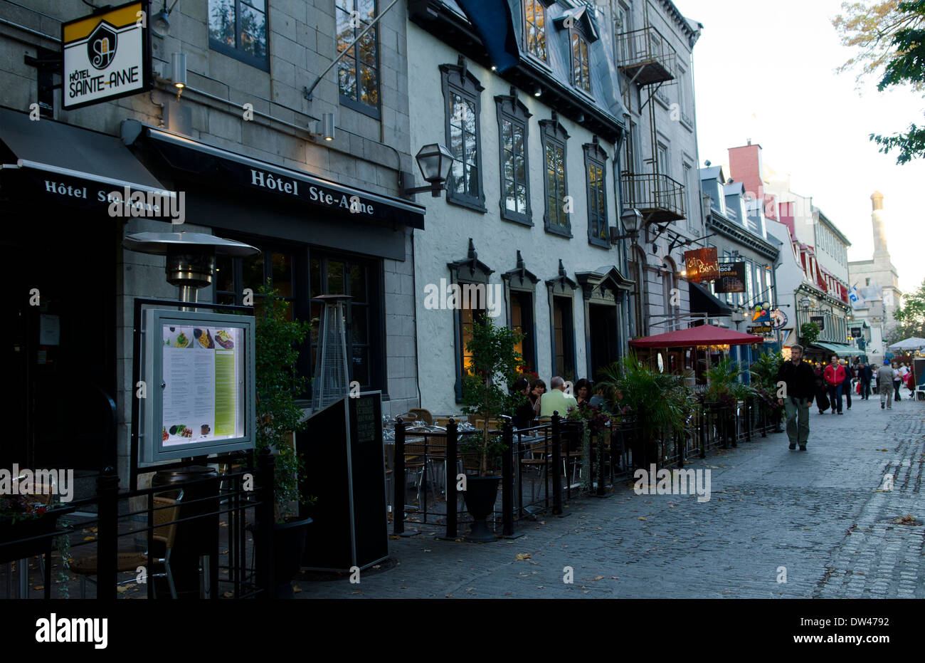 Quebec City Quebec Canada street scene of cafes on St Anne Street Rue  Sainte-Anne twilight in French Canada Stock Photo - Alamy