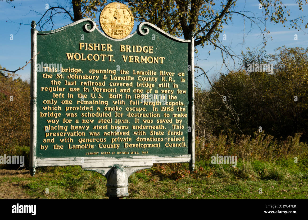 Sign for famous Fisher Railroad Bridge in Wolcott Vermont only Stock