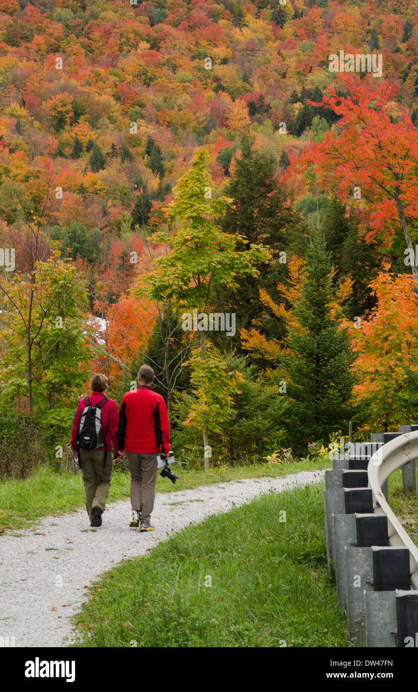 Littleton New Hampshire fall foliage colors tourist couple walking on trail in mountains 5 Stock