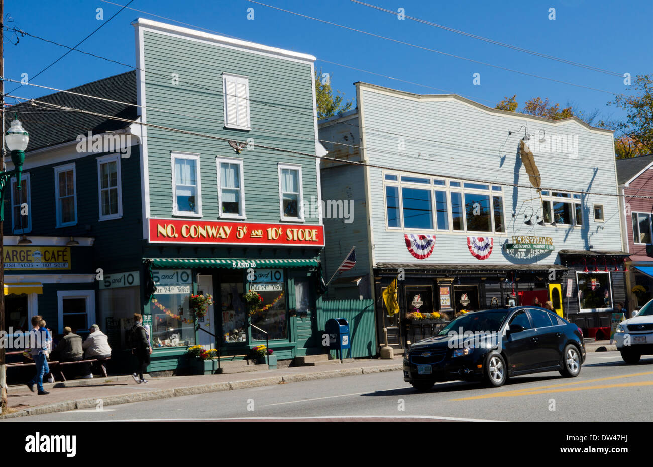 North Conway New Hampshire downtown Main Street with stores and 5 Stock