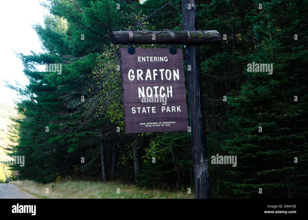 Grafton Notch State Park near Newry Maine sign for the park in New England in fall Stock Photo