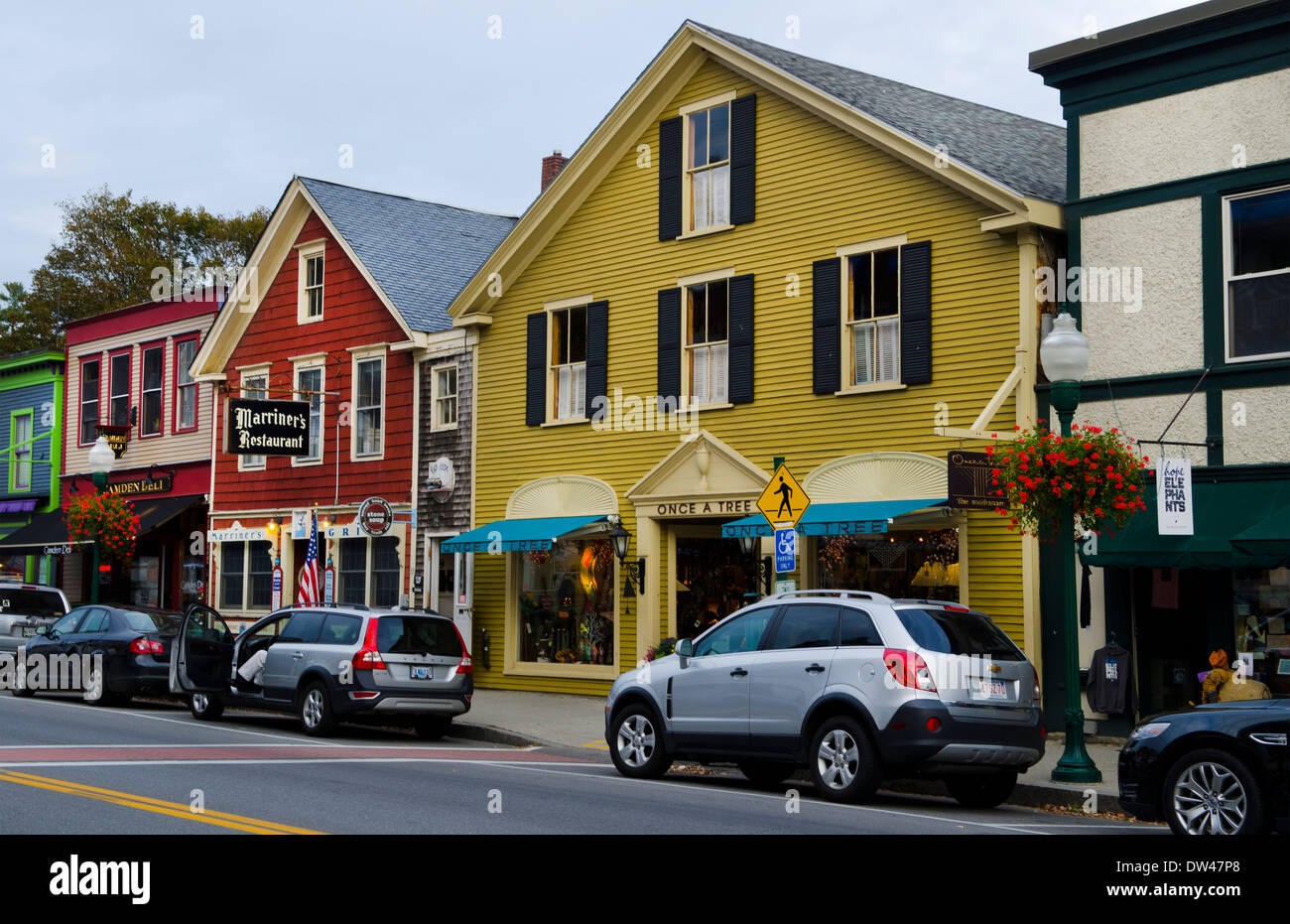 Camden Maine village downtown stores in center of town in New England