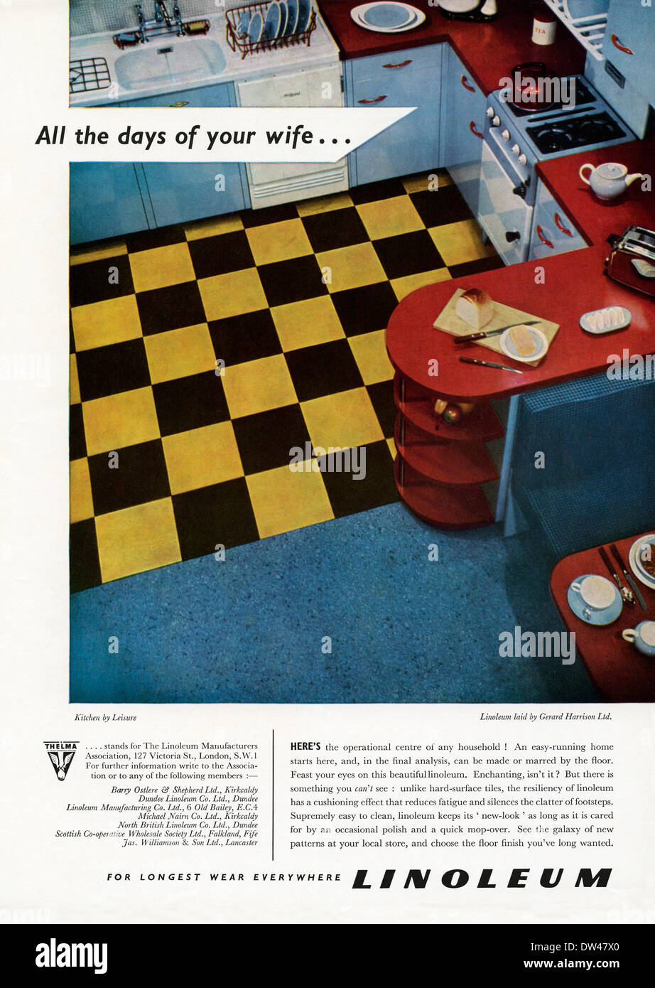 Old advert for Linoleum marble-effect floor covering and tiles. The advert appeared in a magazine in 1956 Stock Photo