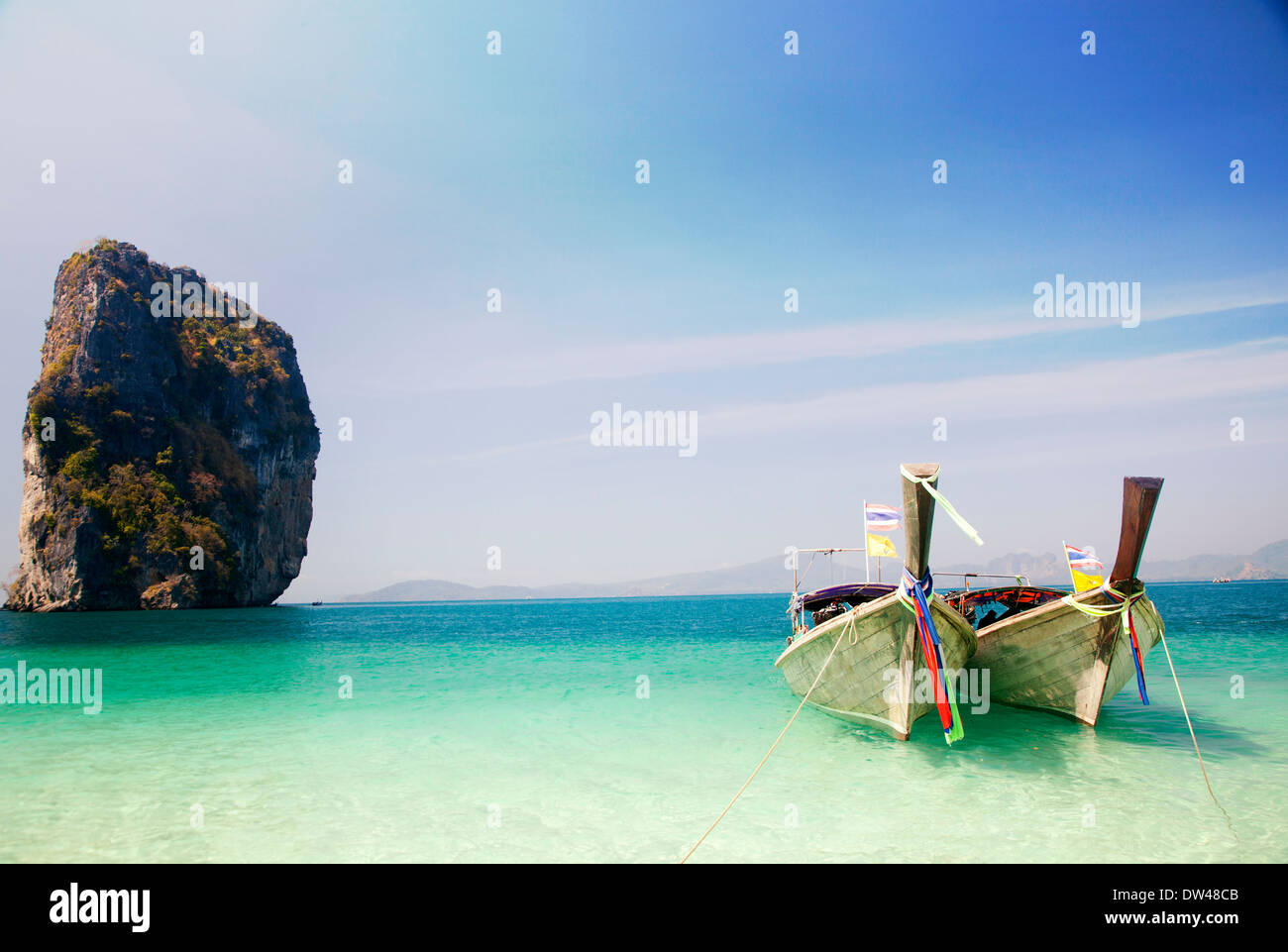Thailand ocean landscape. Exotic beach view and traditional ship on Ko Poda Stock Photo
