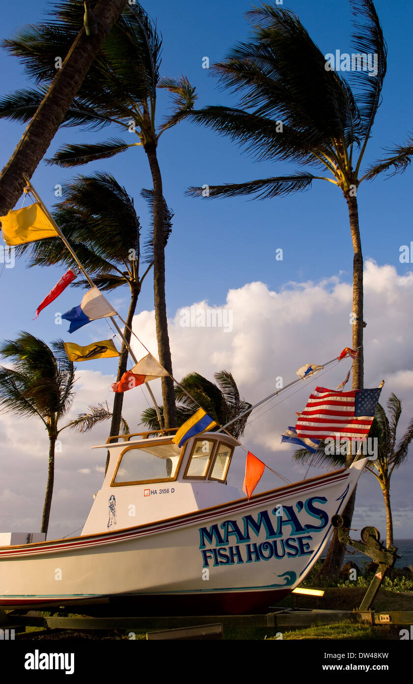 Famous Mamas Fish House with palms and beach in Maui Hawaii Stock Photo