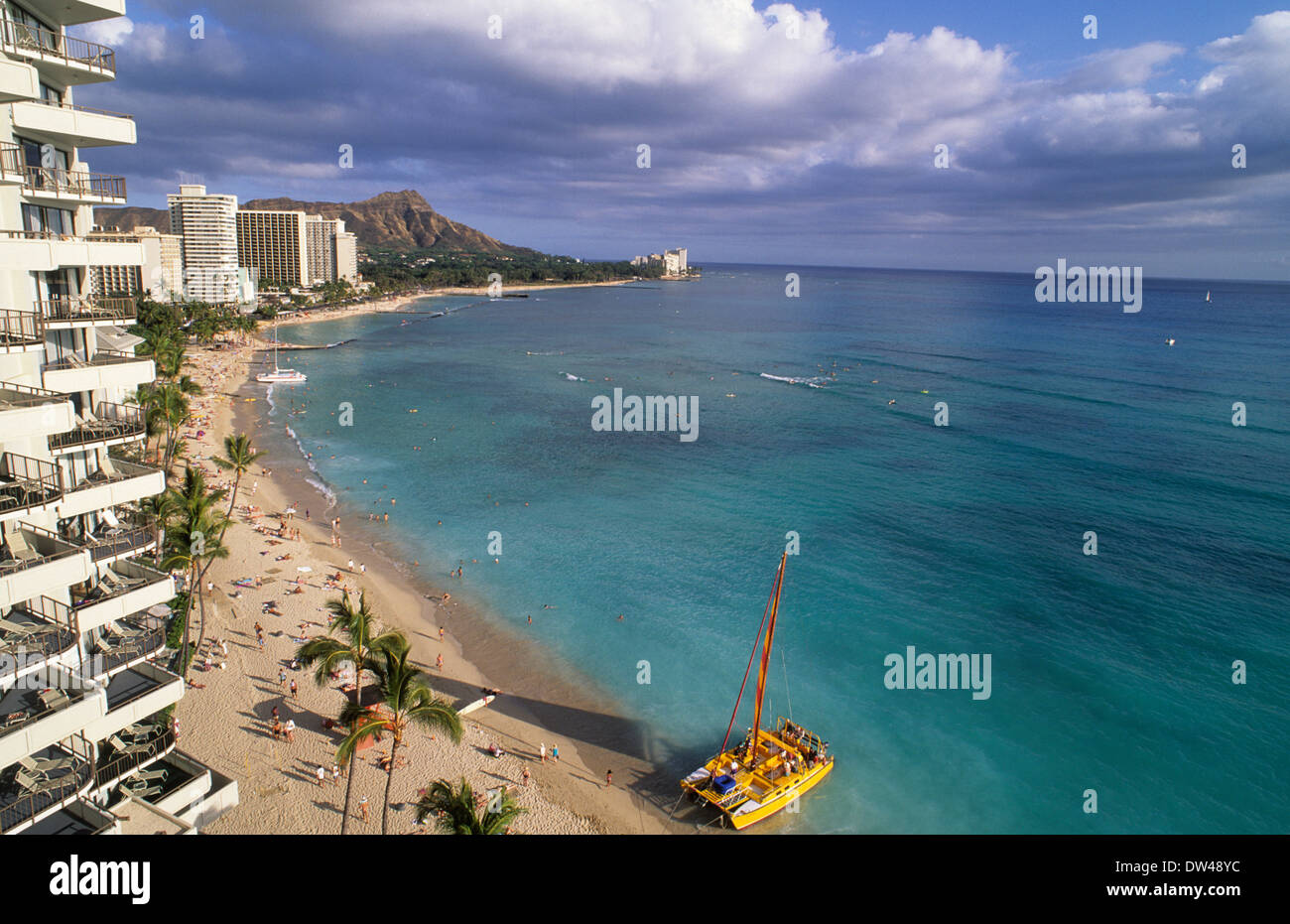Aerial look from above of Waikiki Beach and famous Diamond Head in Oahu