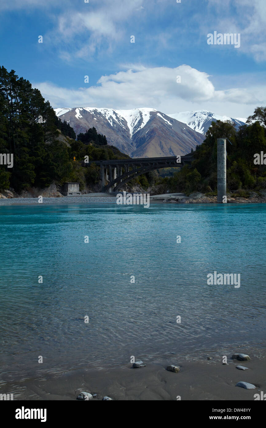 Rakaia River, and Mount Hutt, Canterbury, South Island, New Zealand Stock Photo