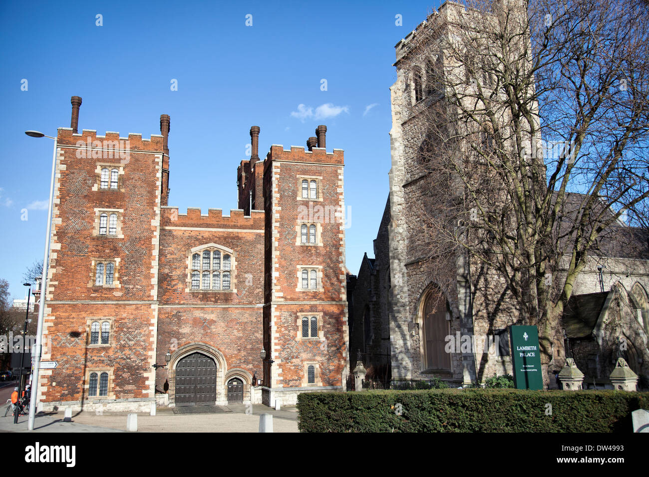 Mortons Tower part of Lambeth palace on left, next to St-Mary-at-Lambeth Church in London UK Stock Photo