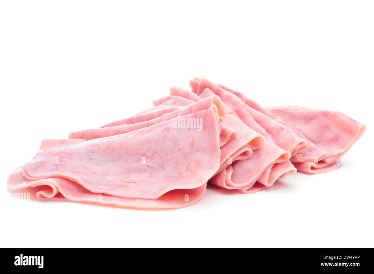 some slices of ham on a white background Stock Photo