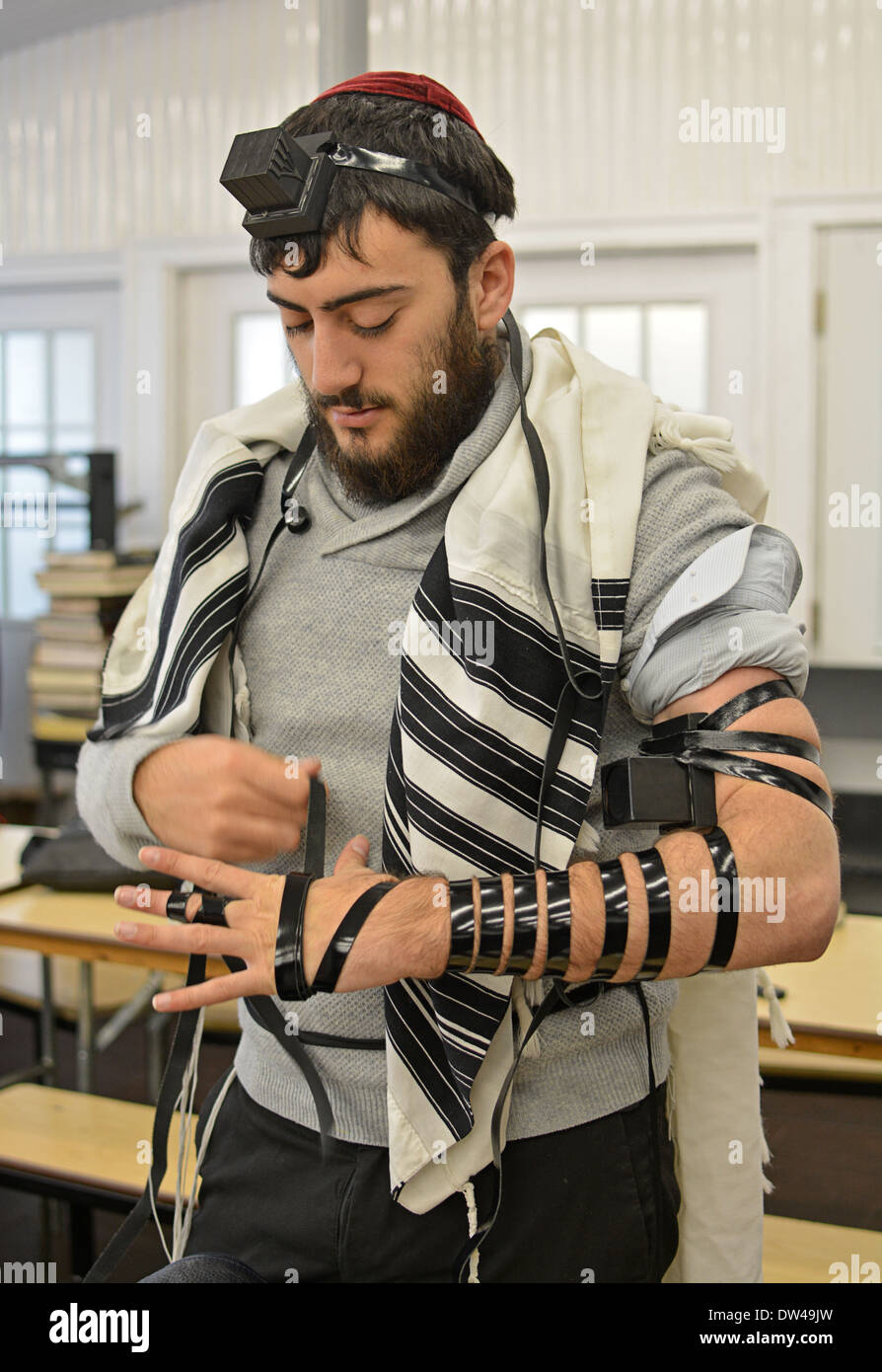 Religious Jewish young man putting on phylacteries ...