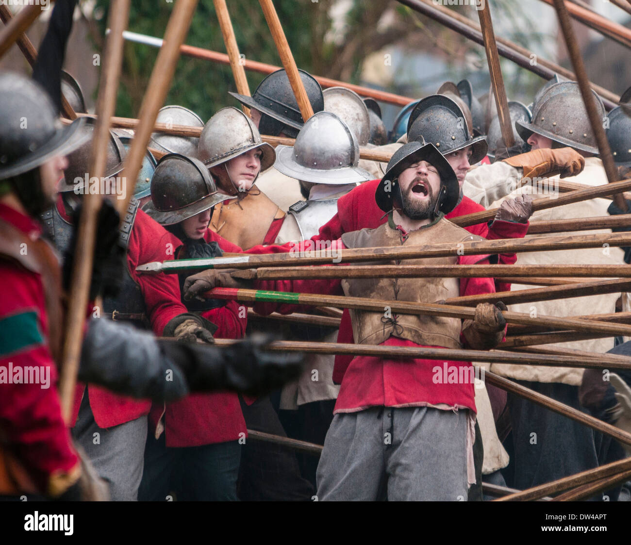 Members of the Sealed Knot during the re-enactment of the battle of Nantwich (Cheshire) on 'Holly Holy Day', January 2014. Stock Photo