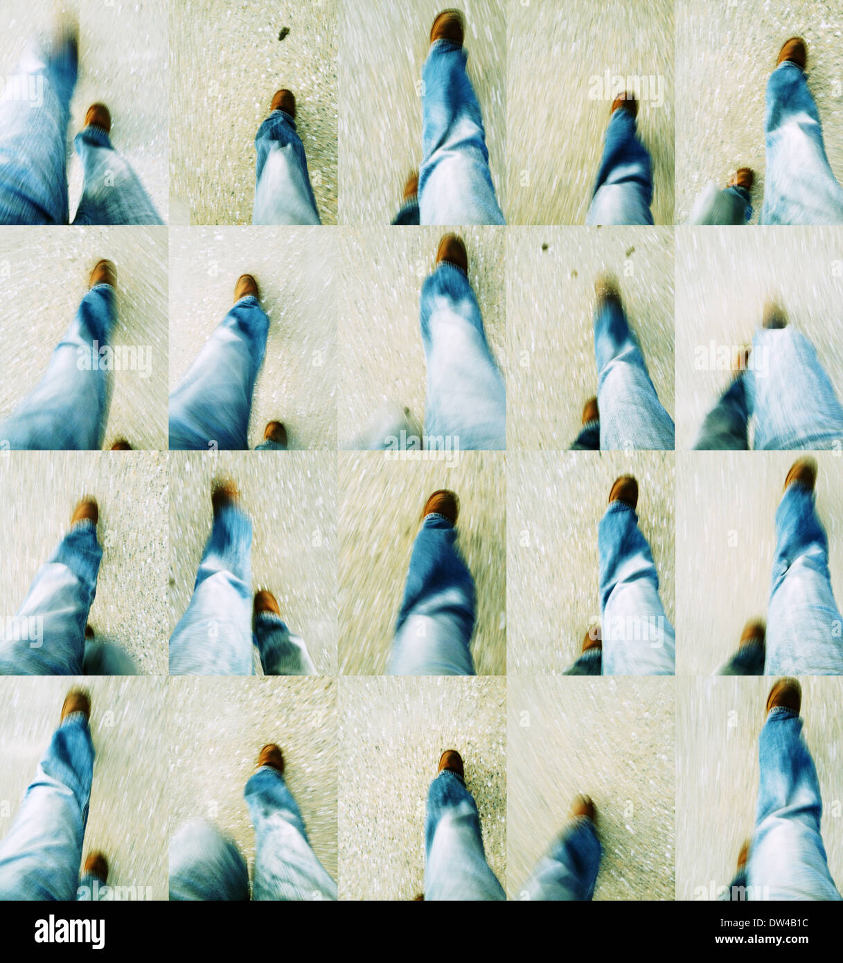 View of feet walking taken from waist level. Feet, foot, shoe, boot, walk, walking, strut, Stock Photo