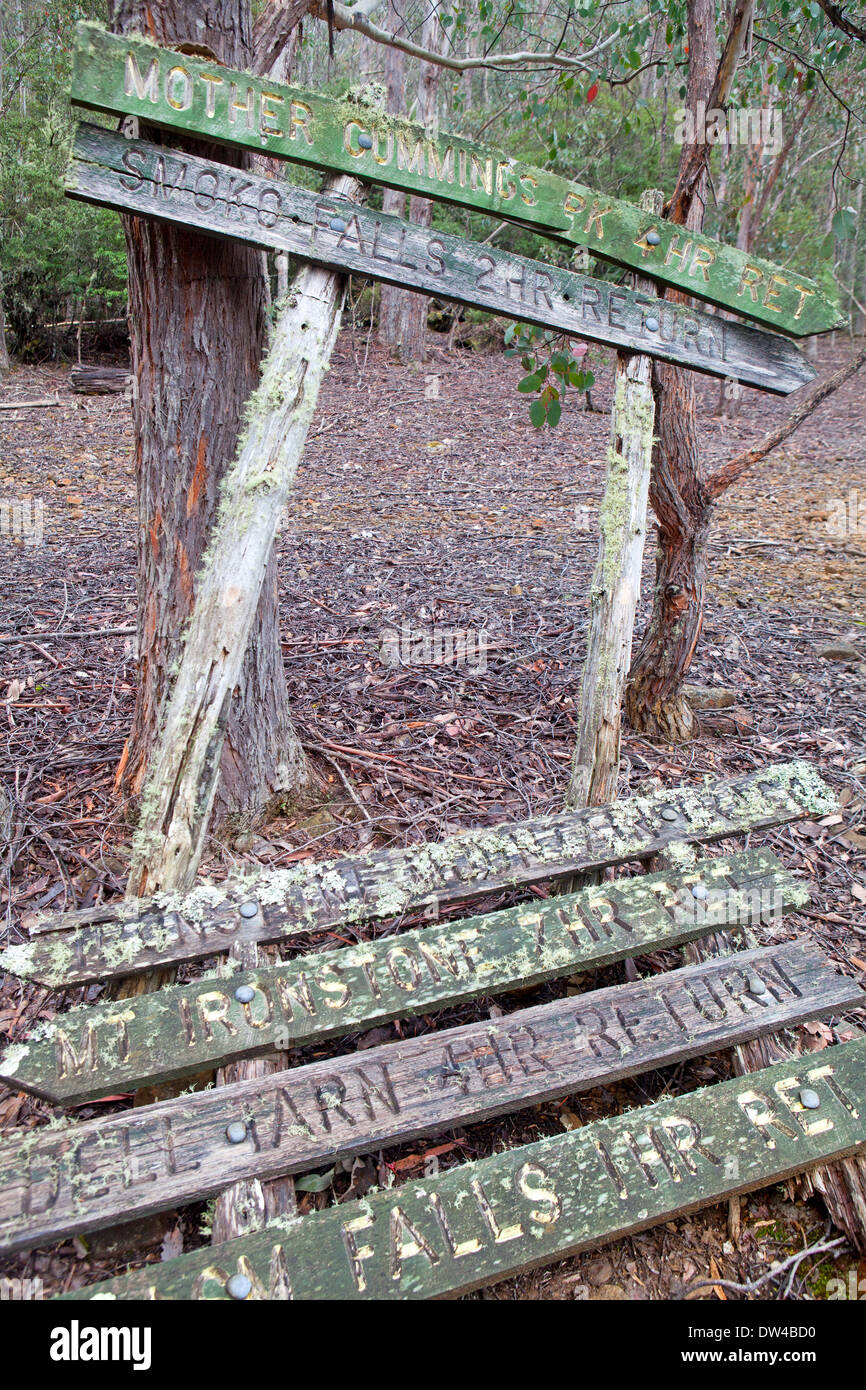 Signs on a walking track in the Great Western Tiers in Tasmania Stock Photo