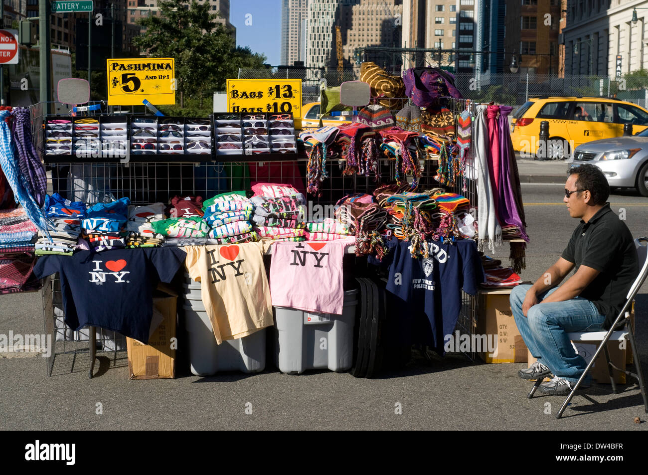 'I Love New York' Shirts, Souvenir Stand, NYC. Battery Park City. As one of the busiest places for tourists going to the Statue Stock Photo