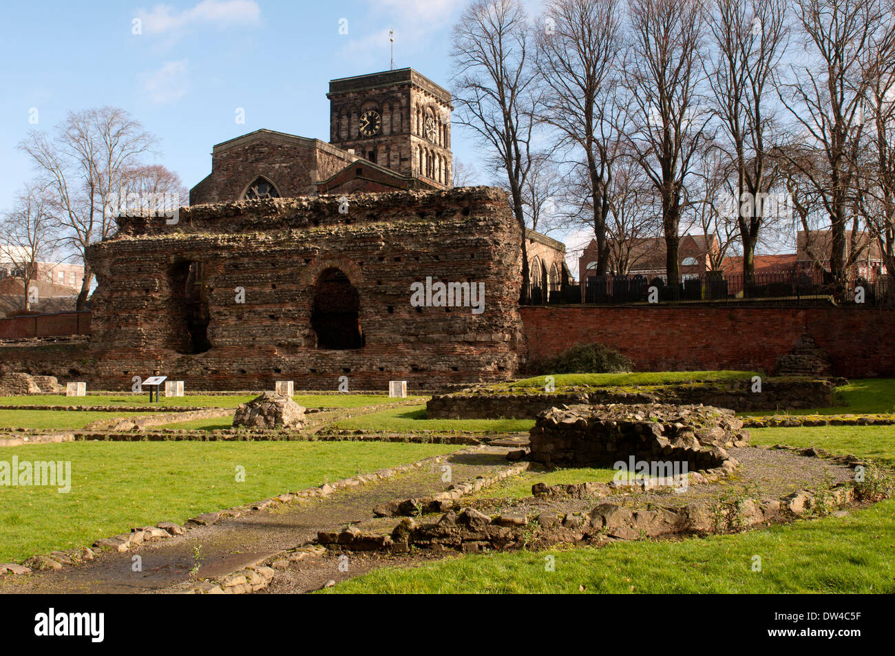 The Jewry Wall and St. Nicholas Church, Leicester, Leicestershire, England, UK Stock Photo