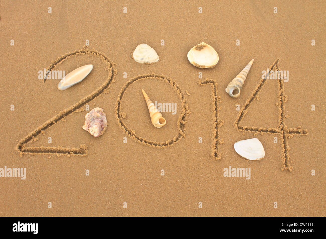 New year 2014 on the beach with shells Stock Photo