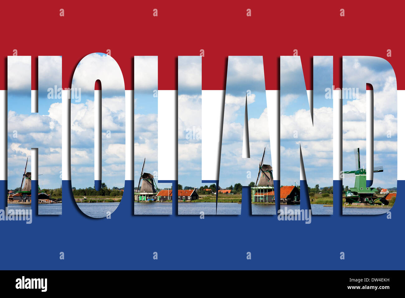 Flag of Holland with windmills in the text Stock Photo